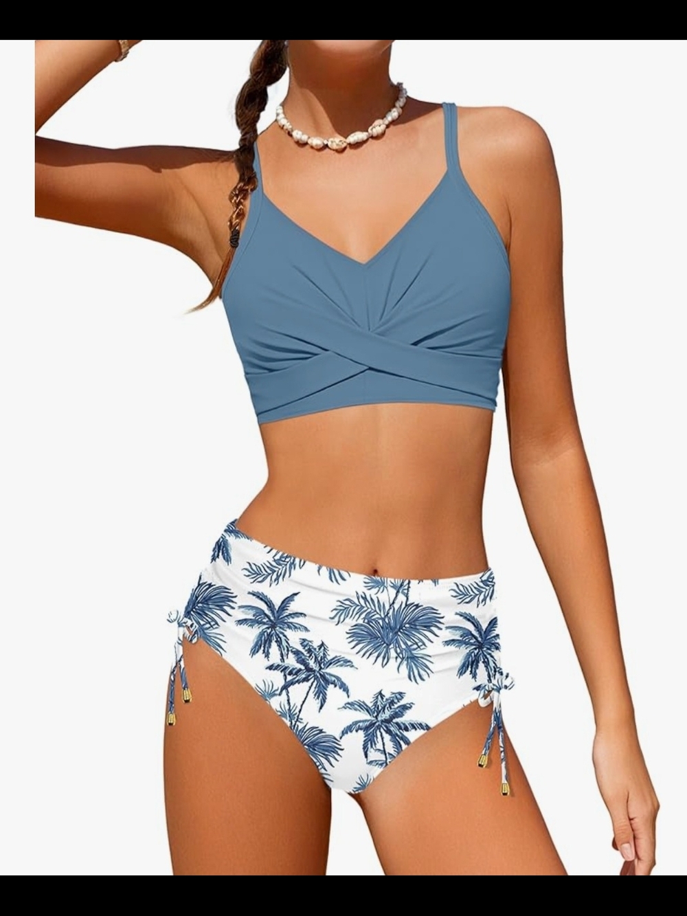 Blue Twist-Front Bikini Top White Palm-Print High-Waist Bottom Girls Teen 11/12